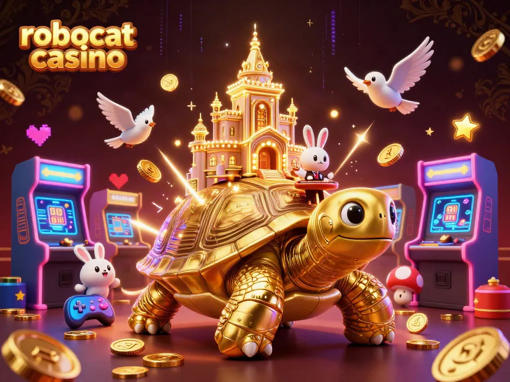 Play games at robocat casino with a giant tortoise and vibrant arcade machines.