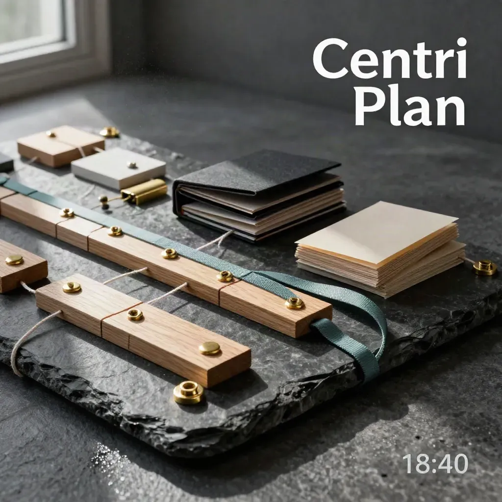 Sistema modular de planificación con fichas de madera, latón y maquetas sobre piedra oscura.