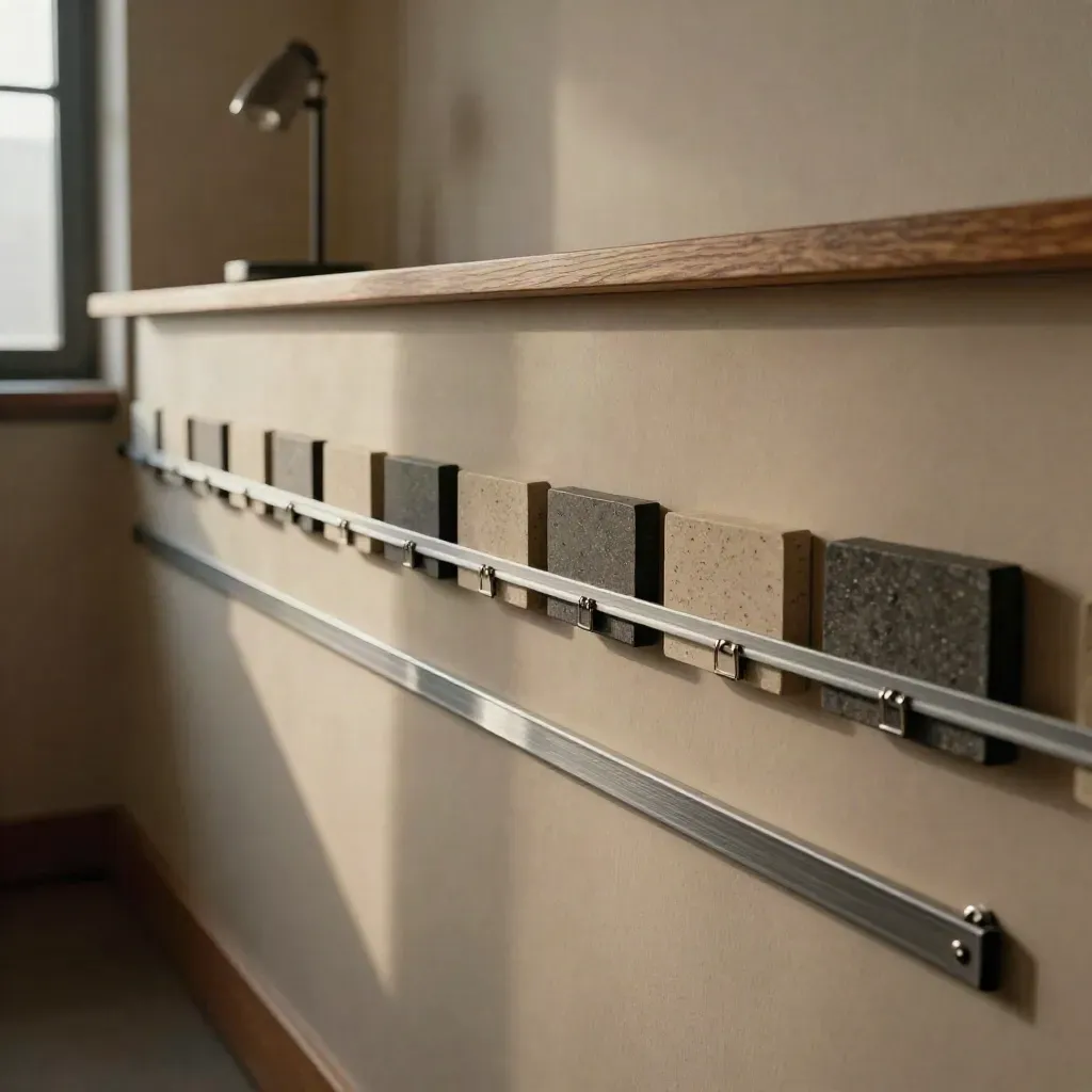 Cronograma físico de proyecto con bloques magnéticos en pared sobria, luz cálida y polvo en el aire.