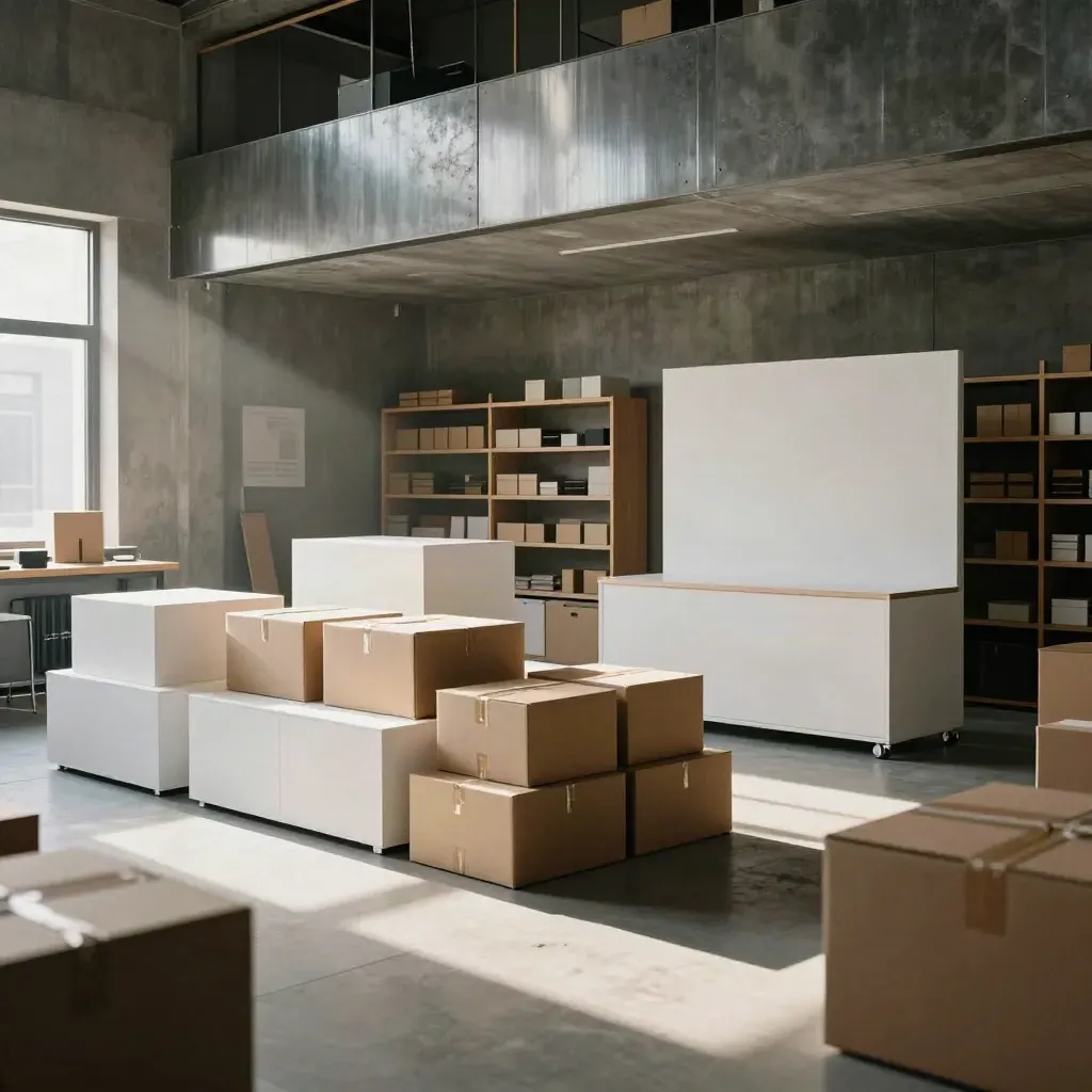 Estudio startup listo para lanzamiento, con prototipos, cajas apiladas y rincón de presentación.