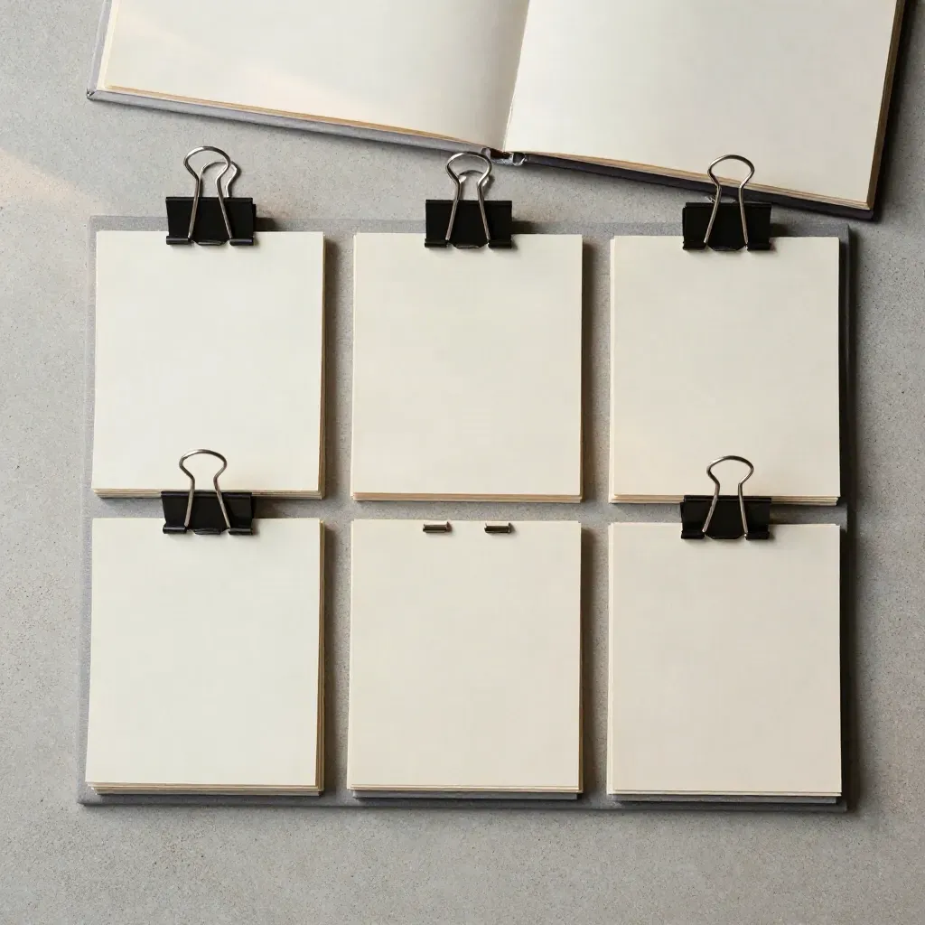 Tarjetas blancas, pinzas negras y carpeta abierta ordenadas sobre piedra clara.
