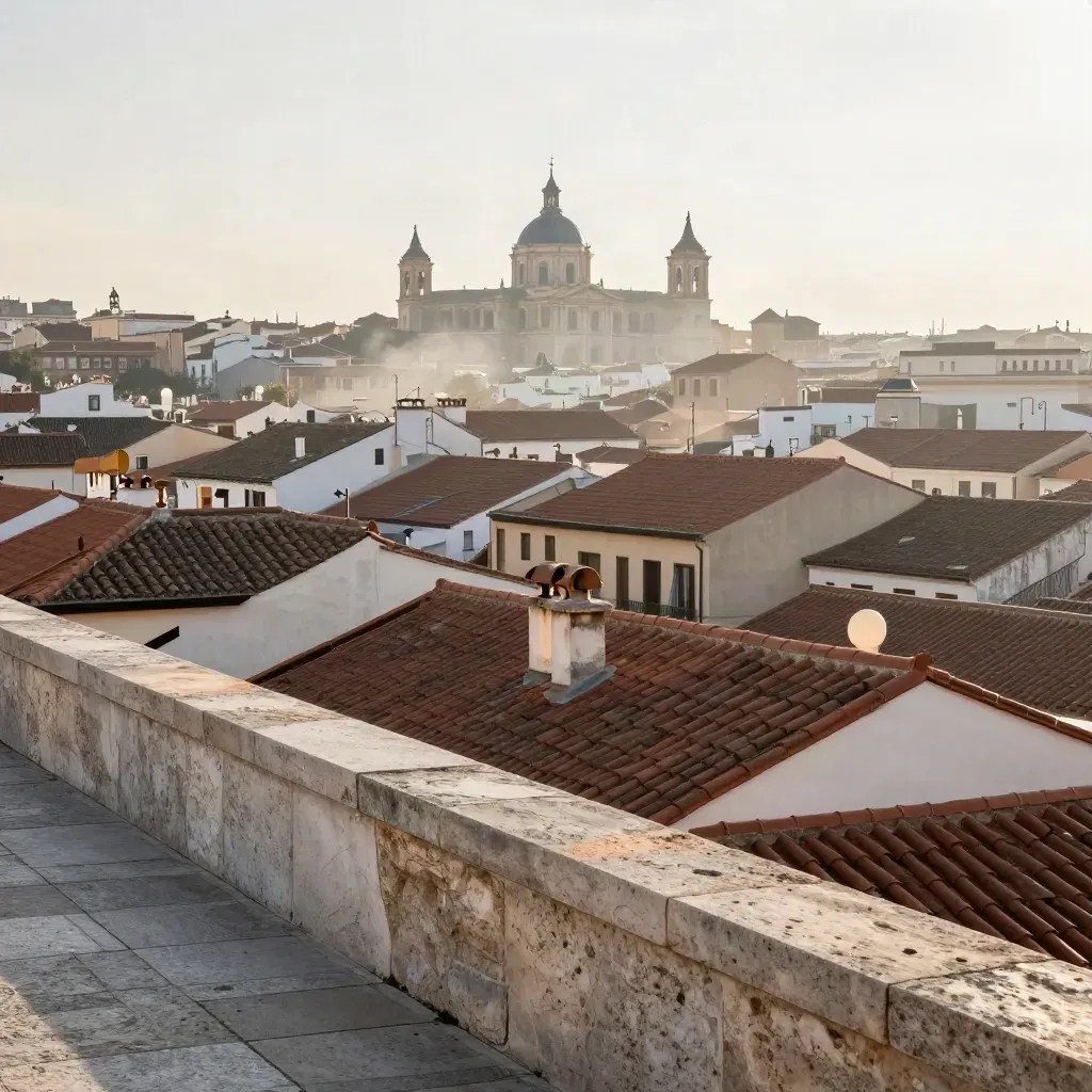 Vista alta de Madrid y Centro con tejados cálidos, bruma de tarde y silueta histórica.