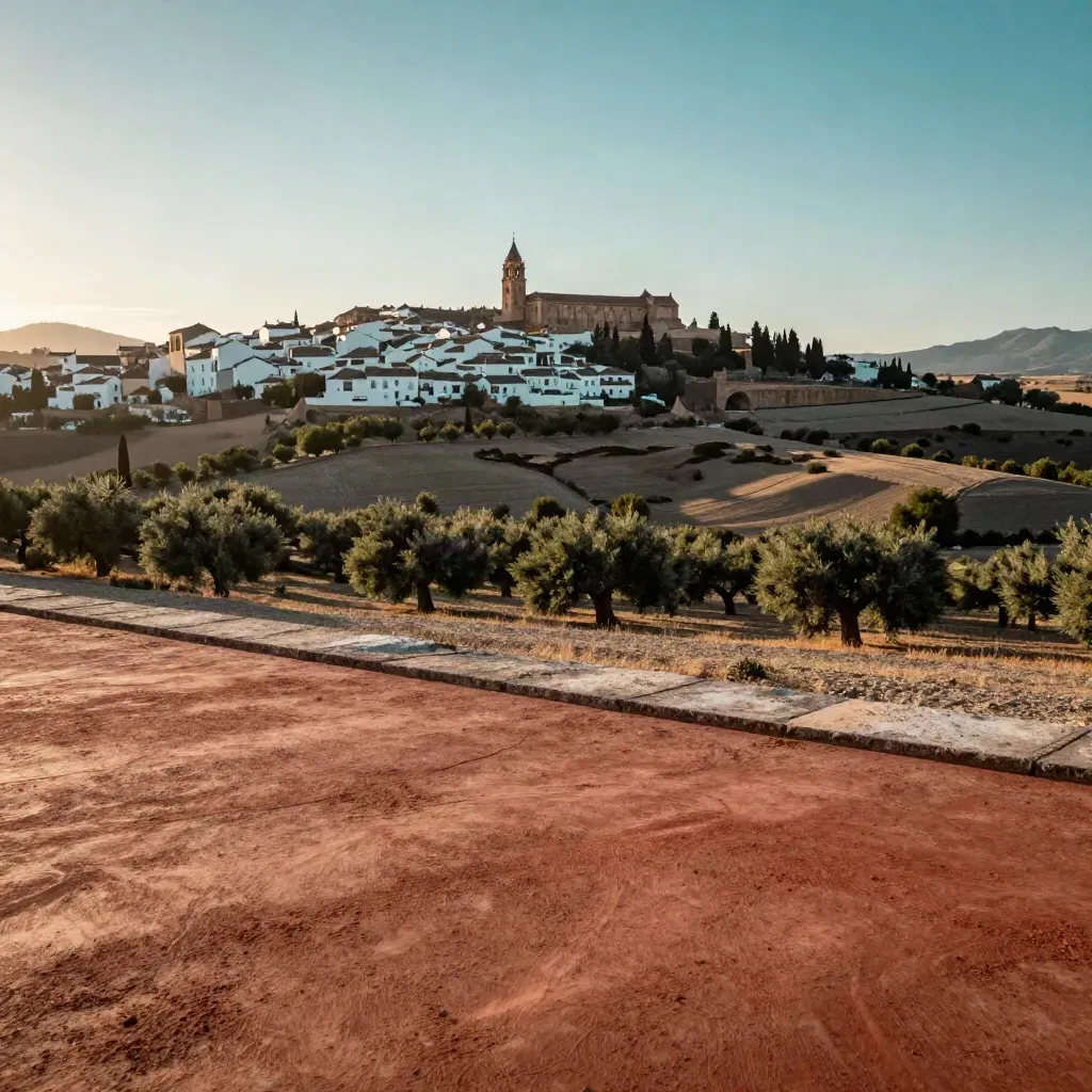 Paisaje andaluz con silueta patrimonial alta, olivos y tejados claros bajo luz cálida.