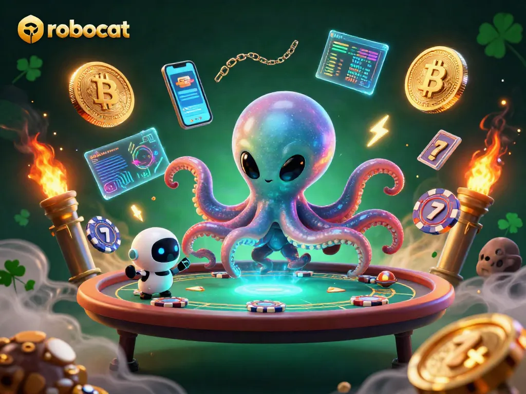Players explore Robocat's vibrant casino with an alien octopus and robot at a poker table.