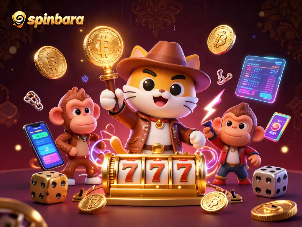 Discover exciting games at spinbara, with a lively cat and monkey exploring a golden casino artifact.