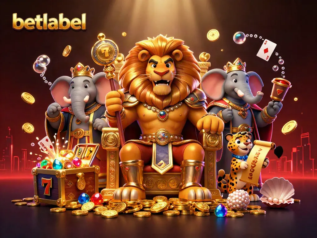Experience thrilling gameplay at betlabel with a dynamic casino scene featuring a lion king and vibrant gaming elements.